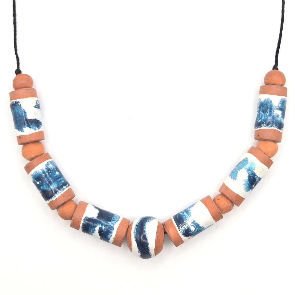 Handmade Terracotta Clay Bead Necklace Blue White Glazed Ceramic Boho 16" Cord